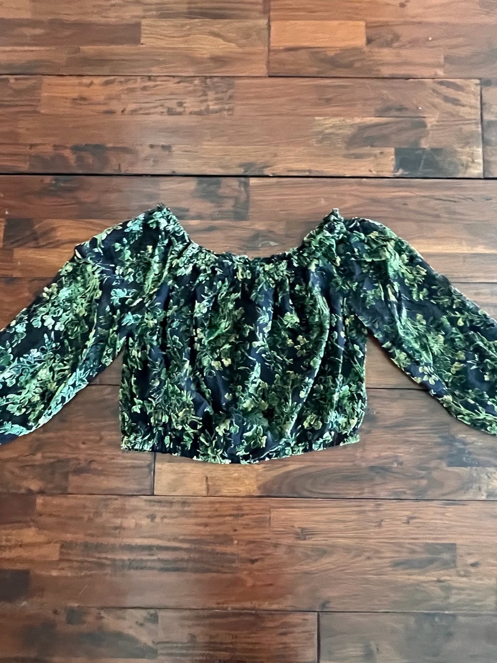Anthropologie Black Off-Shoulder Blouse with Green Floral Print - Picture 3 of 5